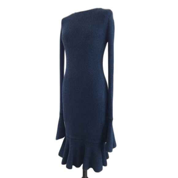 Intermix Blue Stretch Knit Long Sleeve High Neck Ruffle Midi Sweater Dress - S - Picture 3 of 9